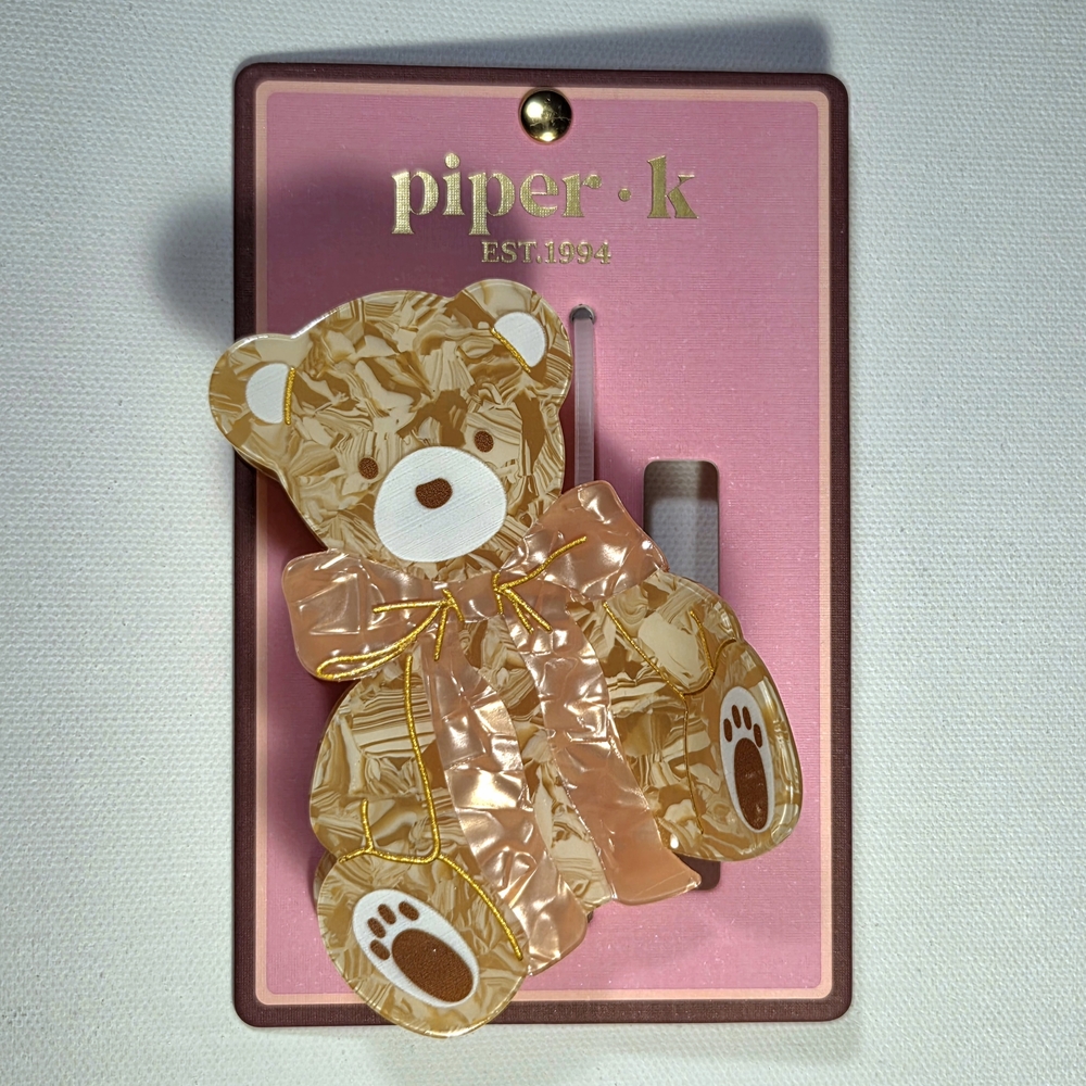 Piper K Tortoiseshell-like Pattern Brown Teddy Bear With Pink Bow Hair Claw Clip
